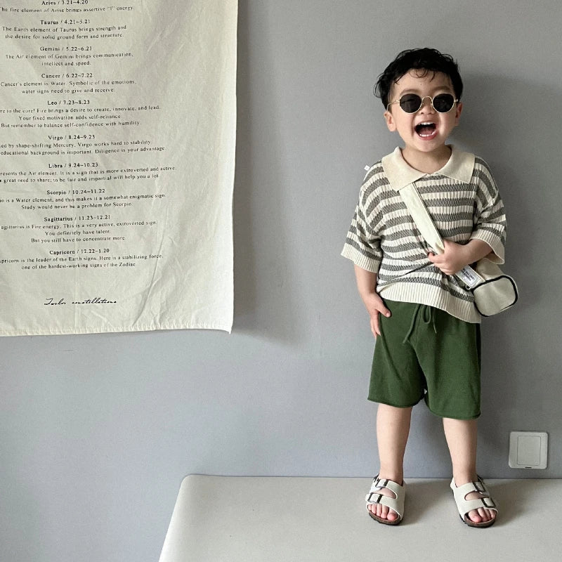 Spring and Summer Japanese Korean 1-6Y Children's Hollow Knitted Shirts Stylish Girl's Boy's Striped Short Sleeved T-shirts