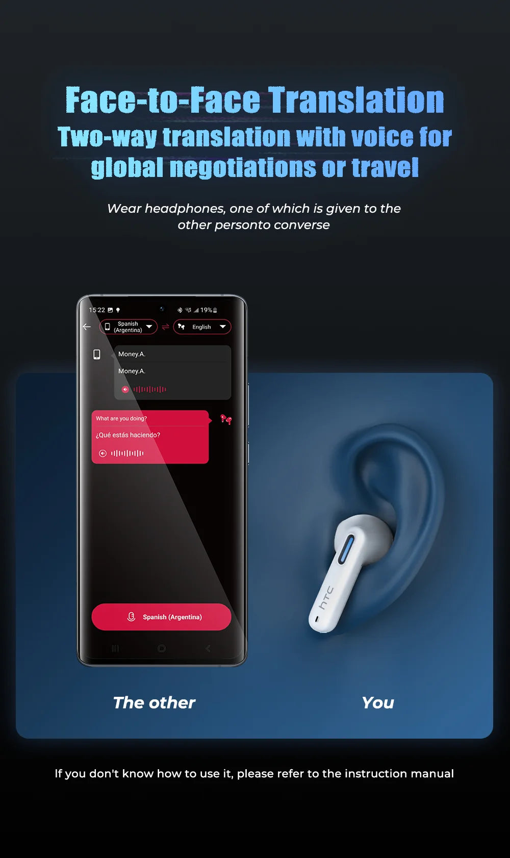 2026 Language Translator Earbuds HTC NE49 TWS Low Latency Gaming Earphones Bluetooth HiFi Stereo Sound HD Call With Mic