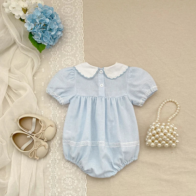 2026 Summer Baby Girl Embroidered Collar Bodysuits 0-24M Baby Girl Romper Newborn Short Sleeved Baby Girl Yellow Jumpsuit
