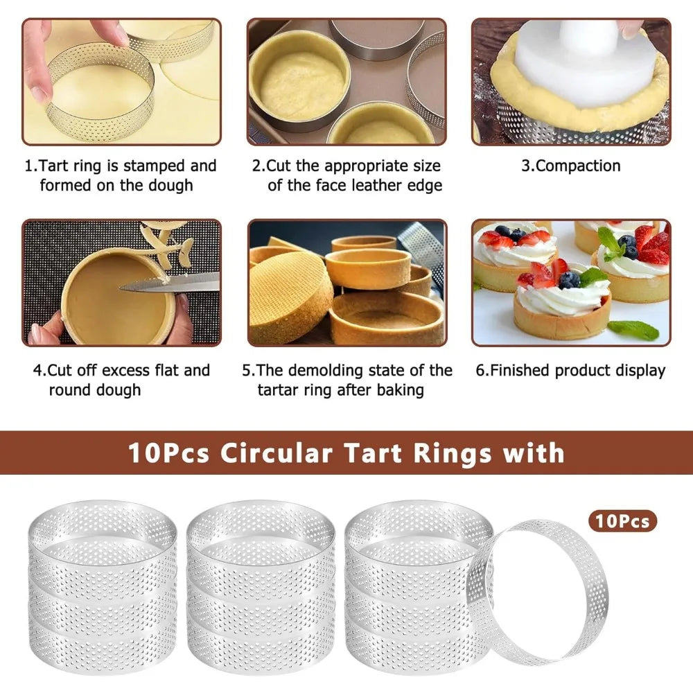 10PCS 5/6/7/8CM Perforated Tart Rings with Hole Stainless Steel Tart Bottom Tower Fruit Pie Quiches Cake Ring Mousse Baking Mold