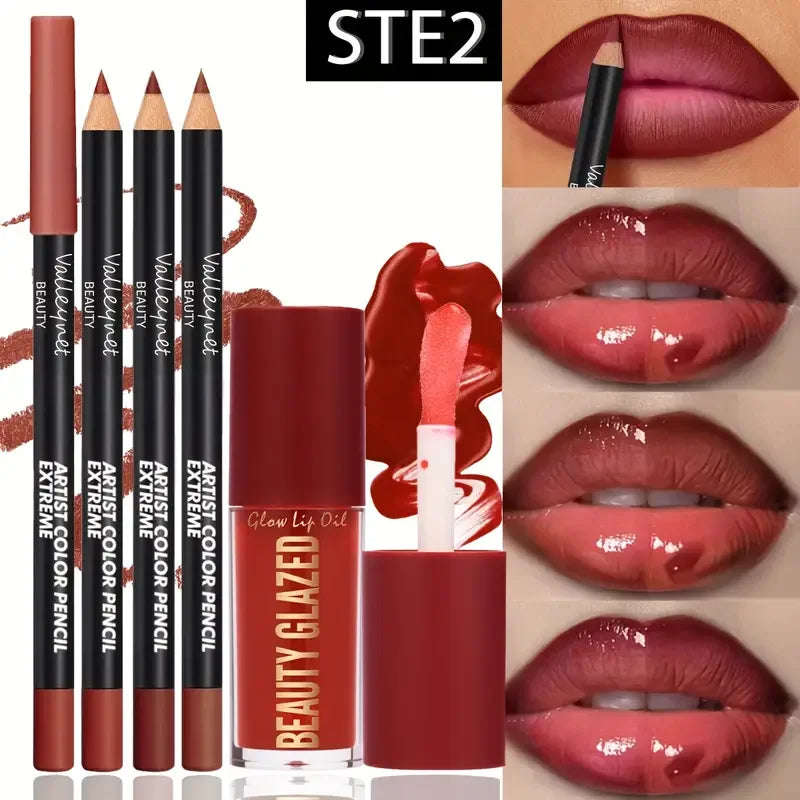 4pcs Lip Kit Set-3pcs Lip Liner+1pc Lip Glaze, Waterproof&Long-Lasting Matte Effect,Versatile for Casual & Formal Occasions,
