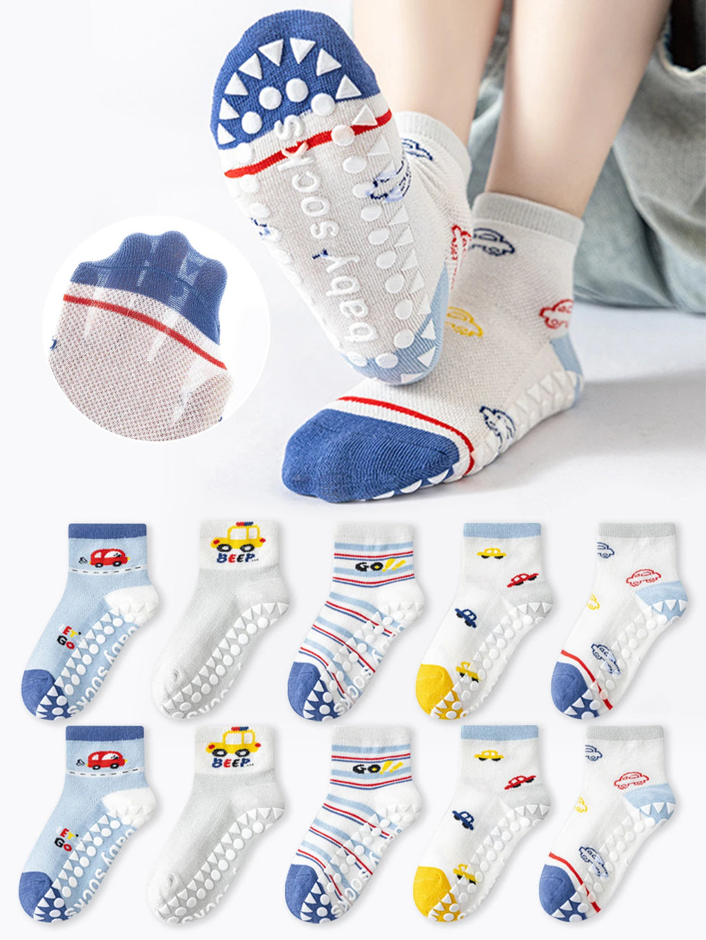 5-Pack Children's Floor Socks with Letter Stripes, Car Patterns, Cartoon Designs, Boys' Baby Walking Socks, Mesh Breathable Soft-Soled Indoor Non-Slip Blue Mid-Tube Socks, Suitable for Casual Daily Life