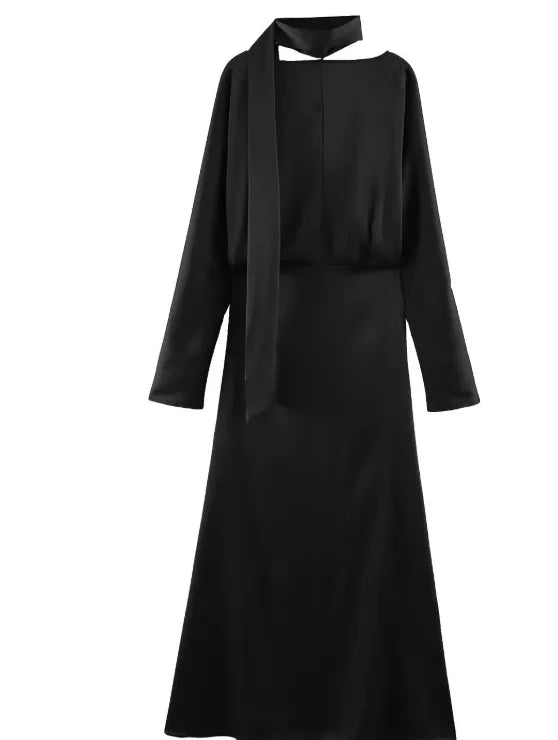 2026 New Scarf Solid Elegant Maxi Dresses Women Spring V Neck Long Sleeve Club Party Long Dress Female Chic Slim Fit Dresses