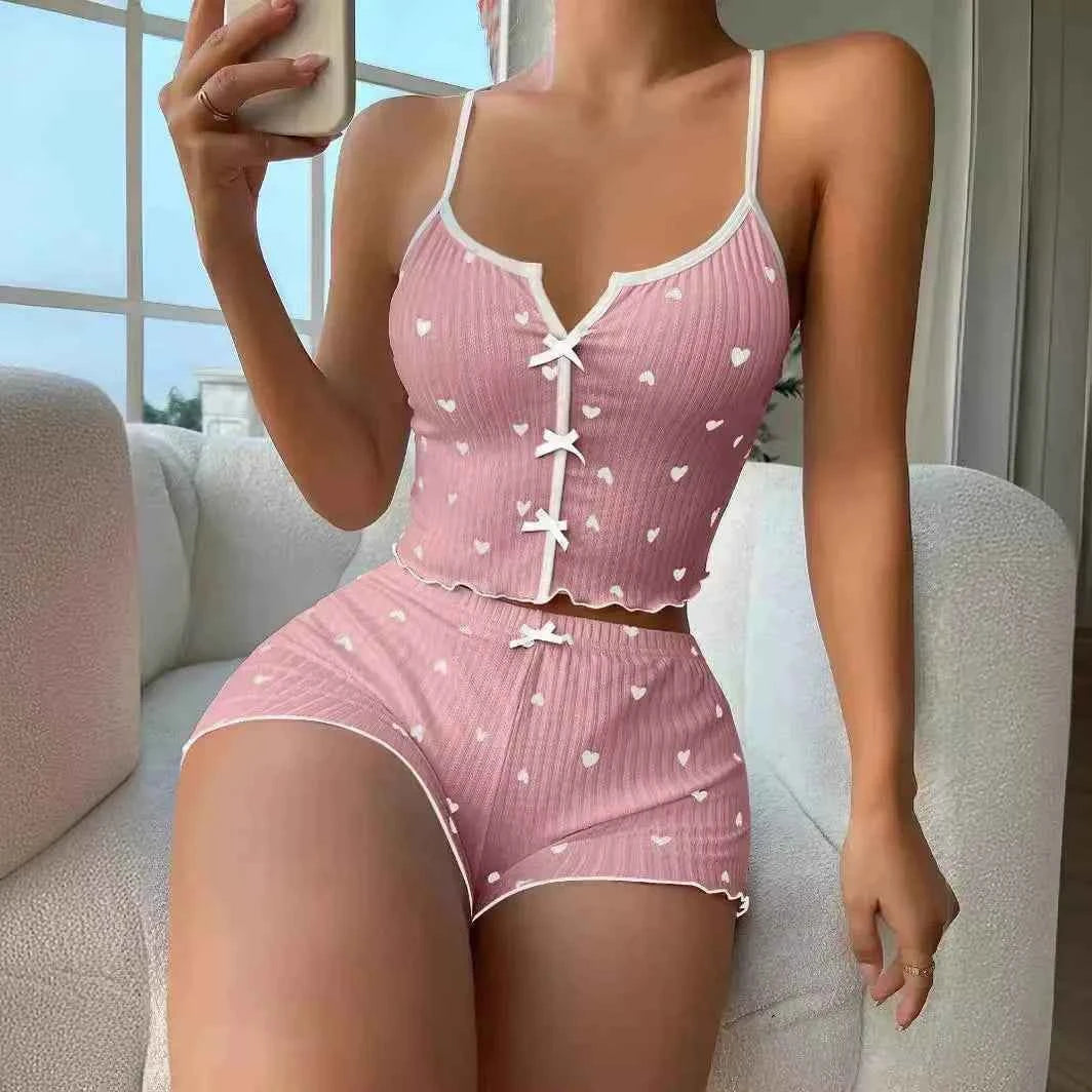 Women's Cute Pajama Set Heart Print Lettuce Trim Bow Front Cami Top and Shorts Pj Set Soft Sleepwear