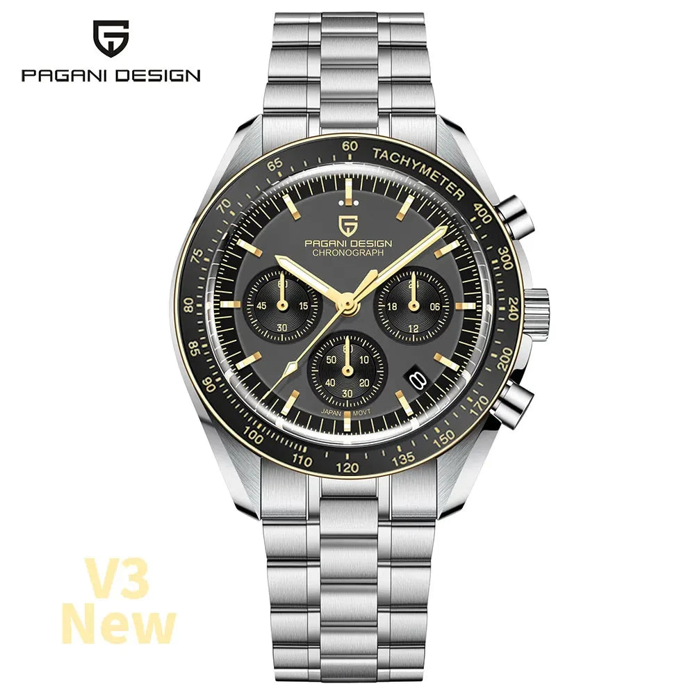 Silver gold Color Men's Vintage Quartz Chronograph Watch Sapphire Crystal