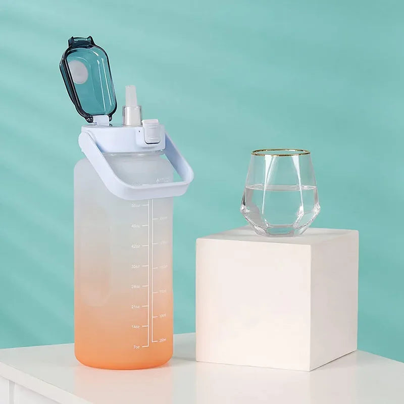 2 Liter Water Bottle with Straw Female Girls Large Portable Travel Bottles Sports Fitness Cup Summer Cold Water with Time Scale