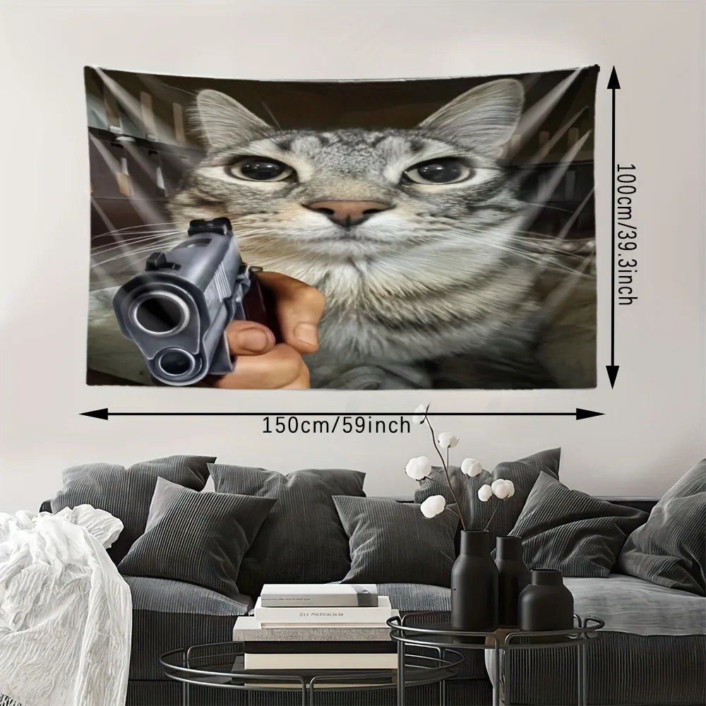 VIKAMA Whimsical Cat with Gun Wall Hanging Art Home Decor Tapestry Suitable for Living Room Bedroom Home Decor