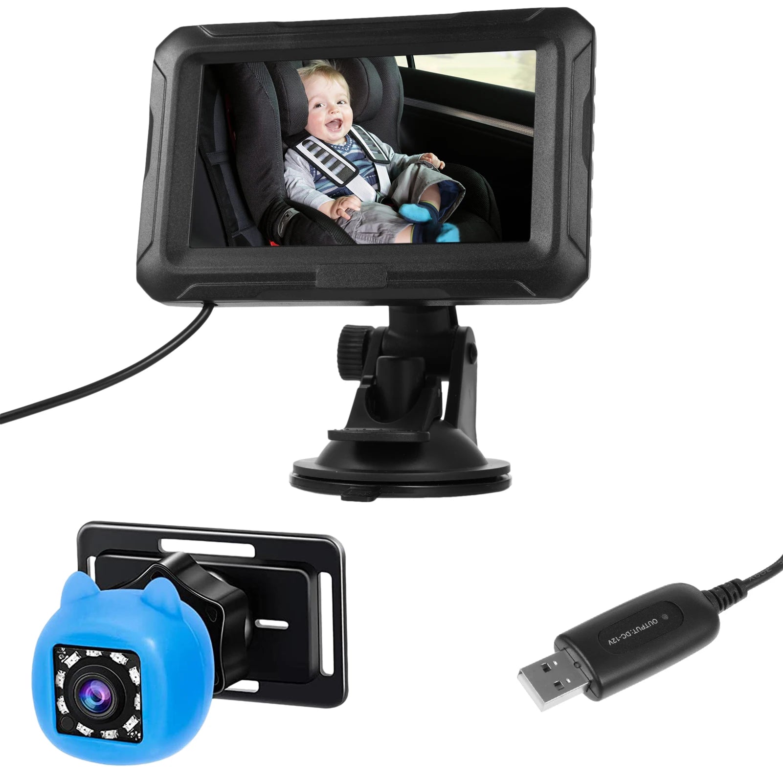 Baby Car Mirror 1080P Monitor with Camera USB Plug 4.3" Baby Camera With Night Vision 150°Viewing Angle for Infants Kids Pets