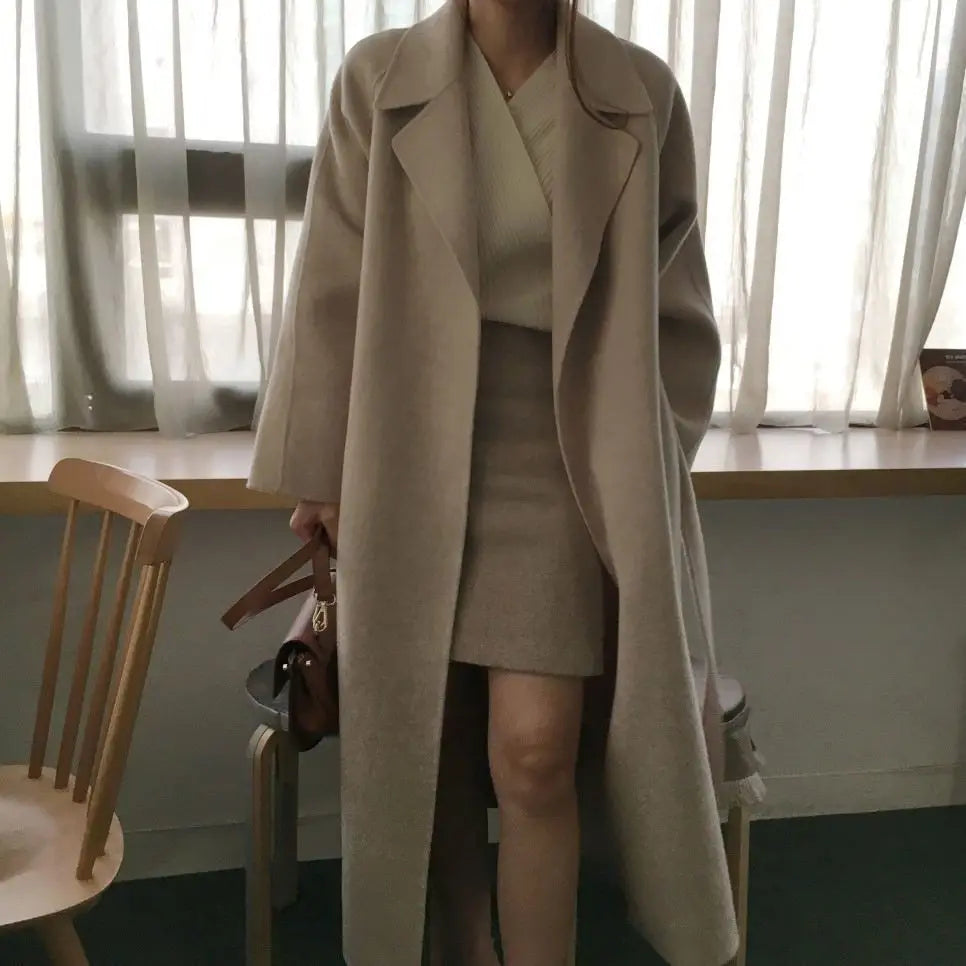 Chic Thick Warm Lapel Lace-up Pockets Loose Woolen Coat 2025 Autumn Winter New Korean Female Long Oversize Casual Women Clothes