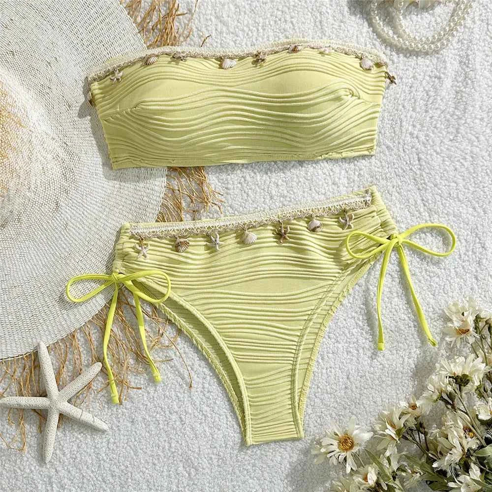 Shell Starfish Edge Bandeau Bikinis Sets Yellow Texture Solid Swimwears Sexy Swimsuit Women 2026 Lace-up Bathing Suit Bikini