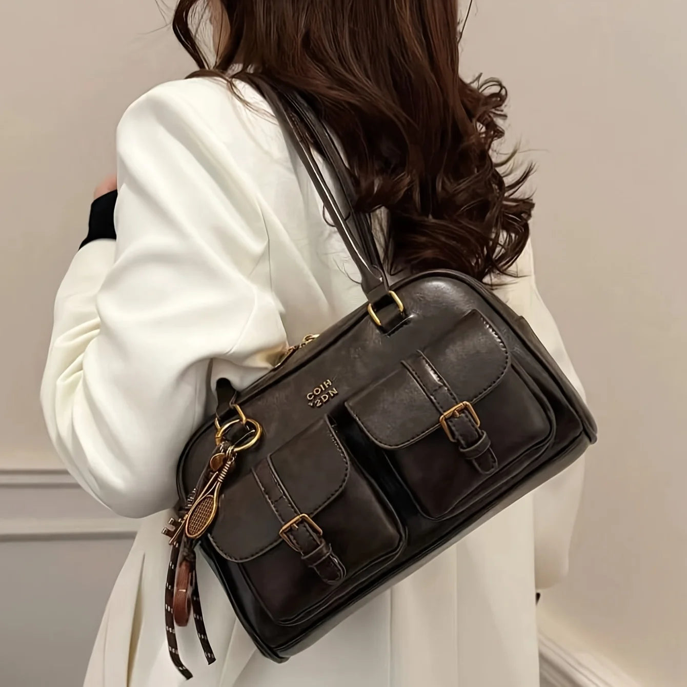 Women Multi Pocket Shoulder Tote Bag with Golden-Tone Hardware & Letter, Stylish Handbag Purse for Travel, Work, Shopping, Dates