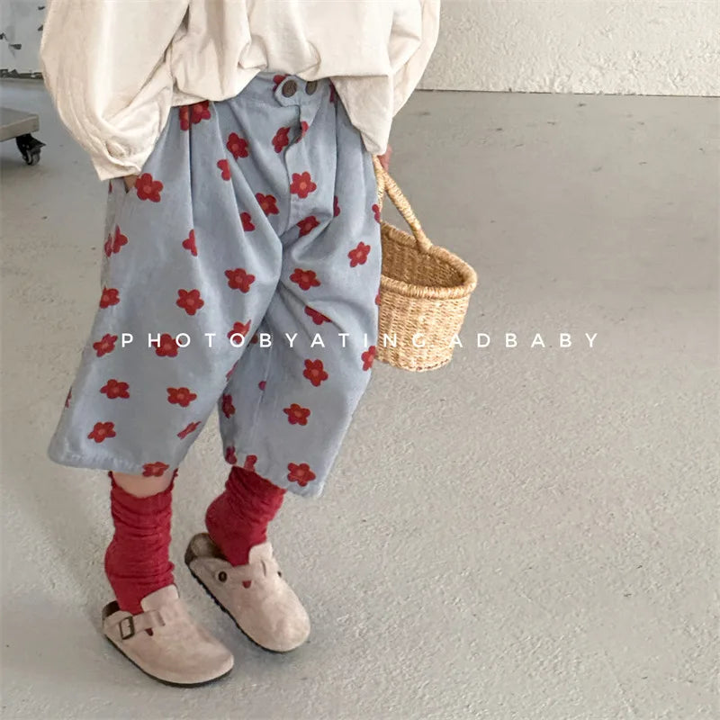 2026 Spring New Children Casual Pants Fashion Flower Print Girls Harem Pants Cotton Kids Loose Trousers Boys Cute Baby Clothes