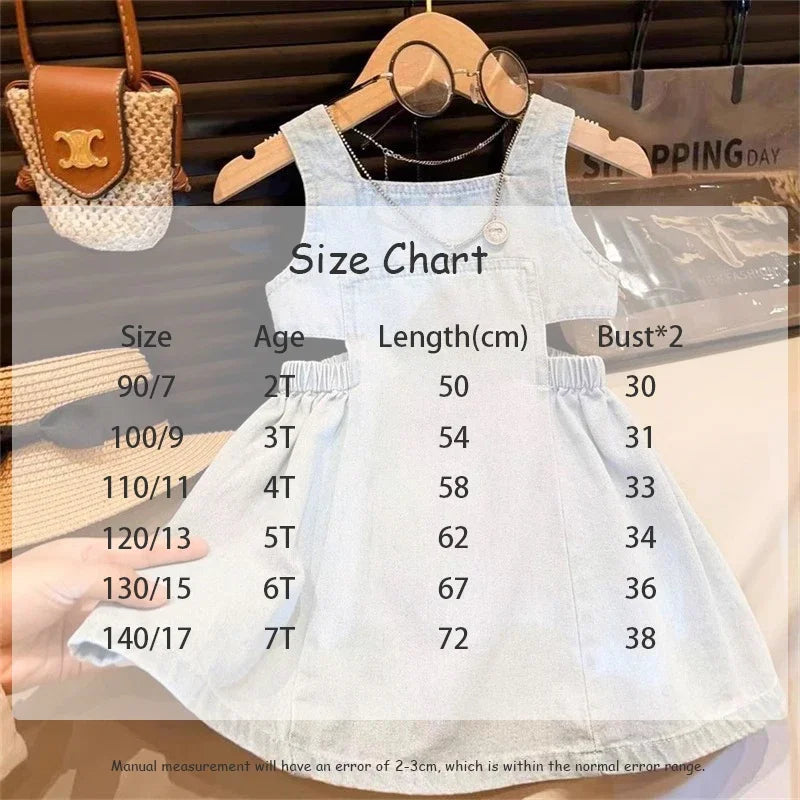 Summer Girls Blue Denim Sling Dress 2 - 7 Years Old Kids' Waist - Revealing Design Casual Princess Dress Stylish Children Outfit