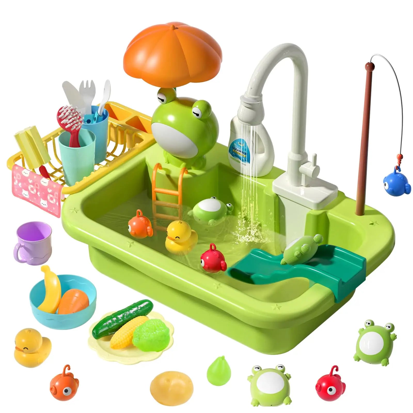 Kids Electric Kitchen Sink Toys with Running Water, Pretend Play Dishwasher & Fishing Toys, Educational Role Play Gift for Girls