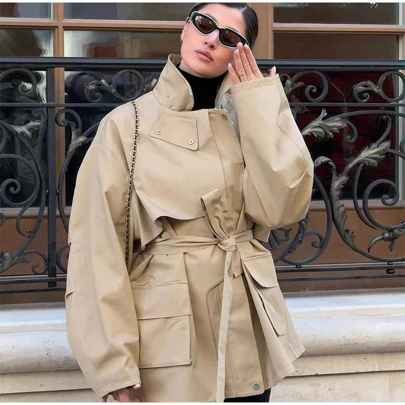 Cropped Lace-up Blue Casual Trench Coat Women Lapel Long Sleeve Wide Shoulder Windbreaker Jacket Fall Commute Daily Streetwear