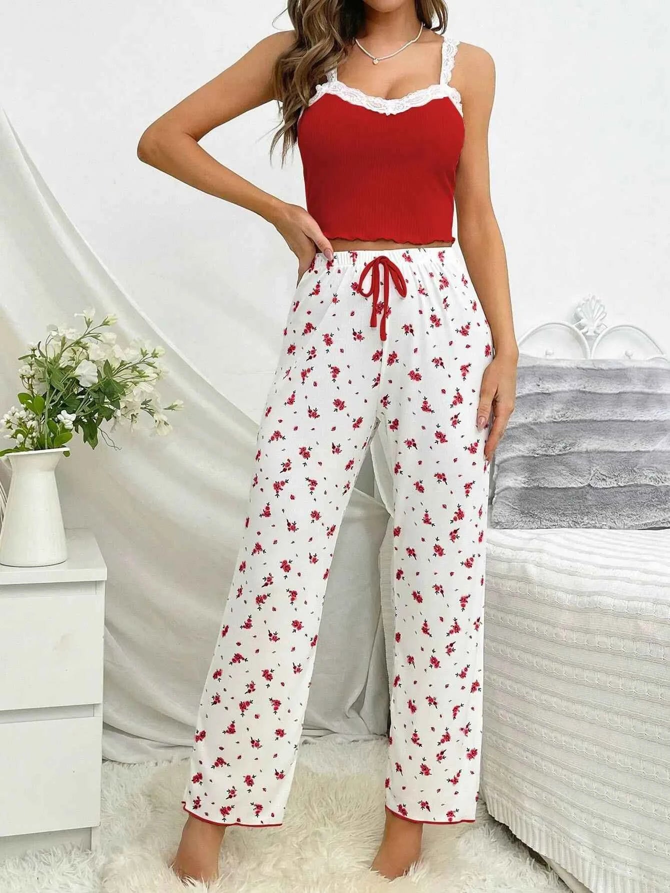 2PCS Pajamas Sets Women Sleepwear Autumn Winter Sleeveless Casual Floral Printed Tops and Trouses Homewear Loungewear