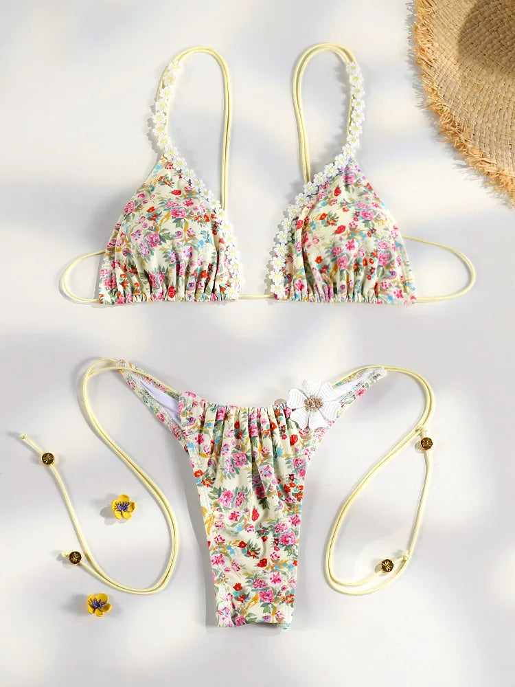 Sexy Bikinis Micro Thongs Swimsuit Women Bathing Suit Rings Biquini Bandage Beachwear Print Swimwear Sexy Bikini Sets With Chain