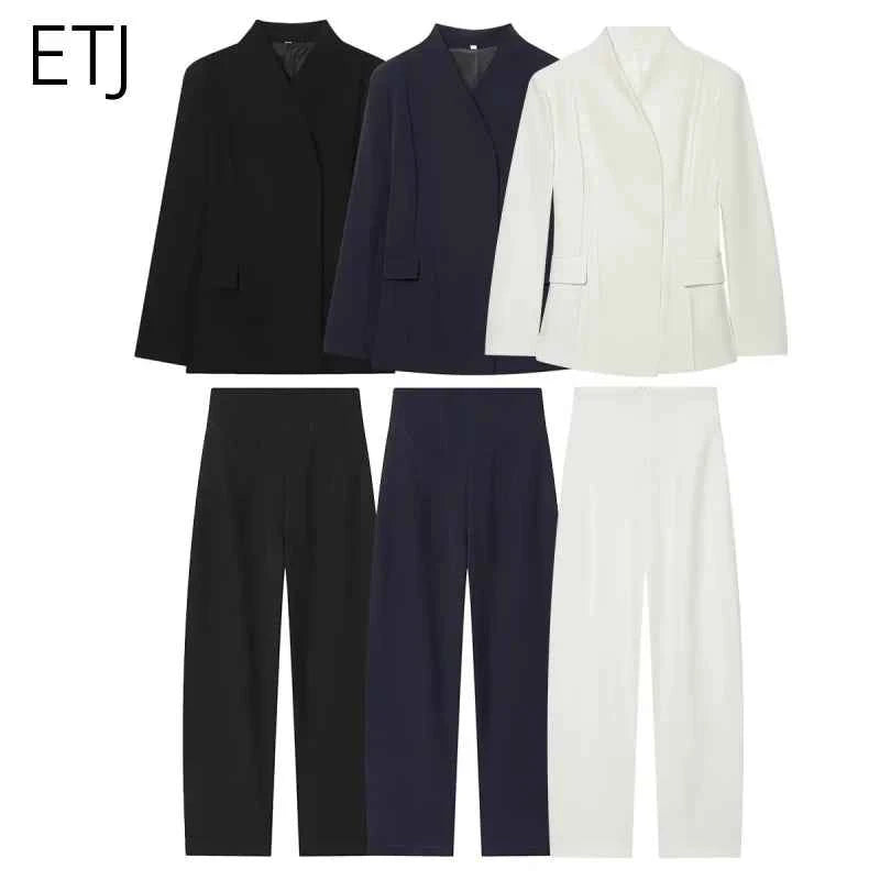 ETJ 2025 women's new fashion design three-dimensional cut high collar slim suit jacket & matching casual trousers