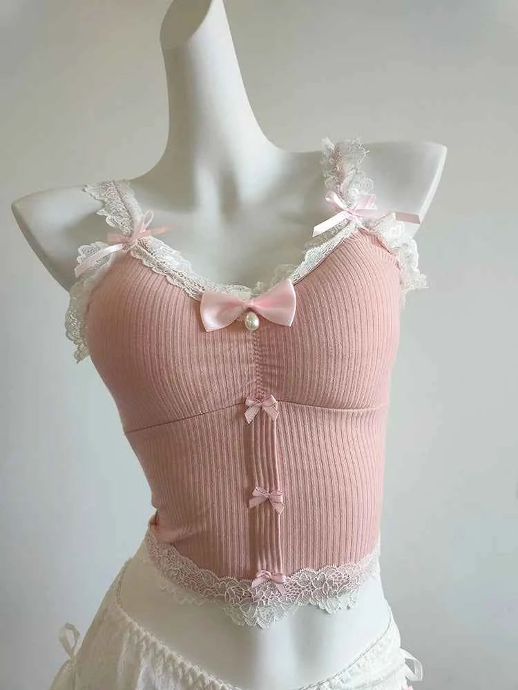 Sweet Crop Top Women Lace Trim Cotton Cropped Bows Bead Decoration Pink White Cute Camis Sweet Girls Lolita Style Kawaii Clothes
