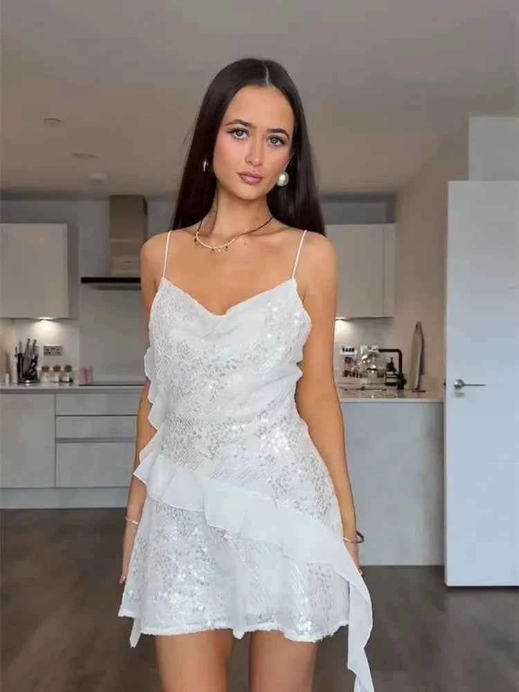 Glitter Flounce Mini Dress Woman Cinched Waist Sleeveless A-Line Halter Dresses Sexy Chic Women's Fashion Summer Short Dresses