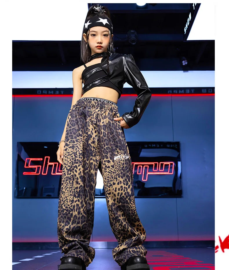 Kid Hip Hop Clothing T Shirt Crop Top Wine Red Arm Sleeve Faux Leather Casual Cargo Pants for Girl Jazz Dance Costumes Clothes