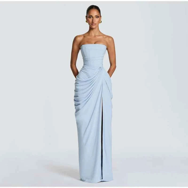 Lady Sexy Strapless Split Solid Pleated Dress Women Chic Backless High Waist Off-shoulder Dresses 2026 New Evening Party Gowns