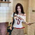 Y2k Sport Summer Off shoulder Top Women Sexy Vintage 2000s Short sleeve T shirt Lady Body Basic Crop Top Female Casual