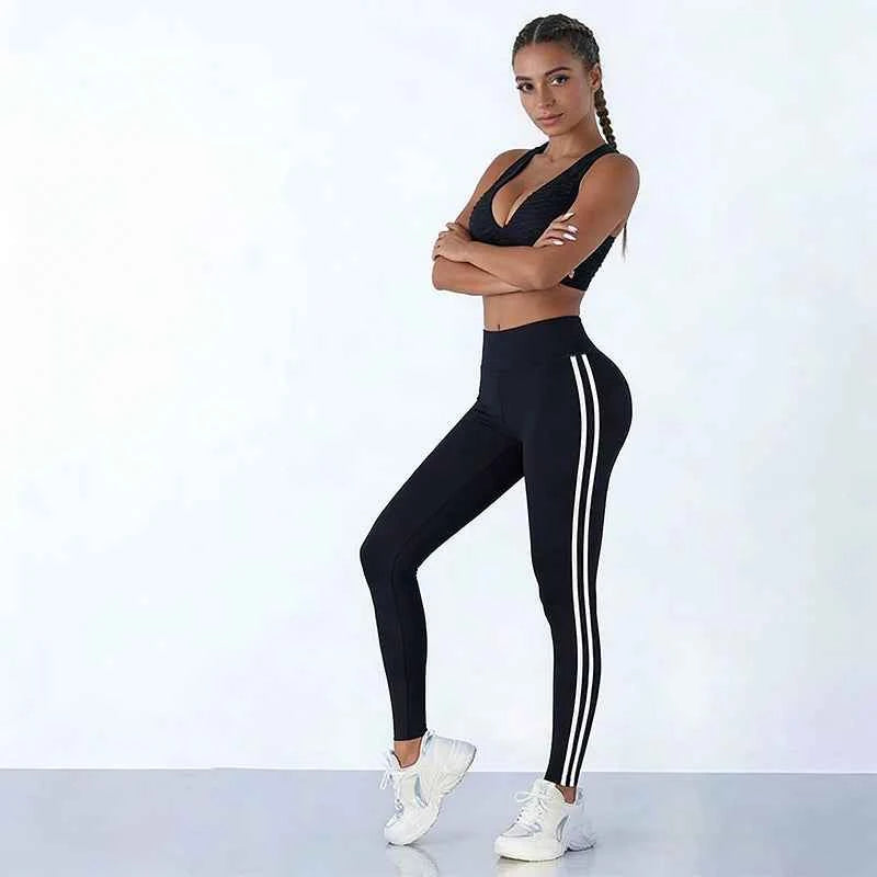 Womens High Waist Striped Yoga Leggings Butt Lifting Stretchy Breathable Tummy Control Soft Workout Pants for Gym Running