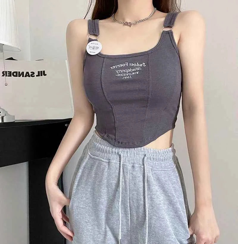 Women Crop Top Summer Y2K Lrregular Hem Slim Tank Tops Casual Sexy Female White Streetwear Letter Tank Tops With Pad Woman