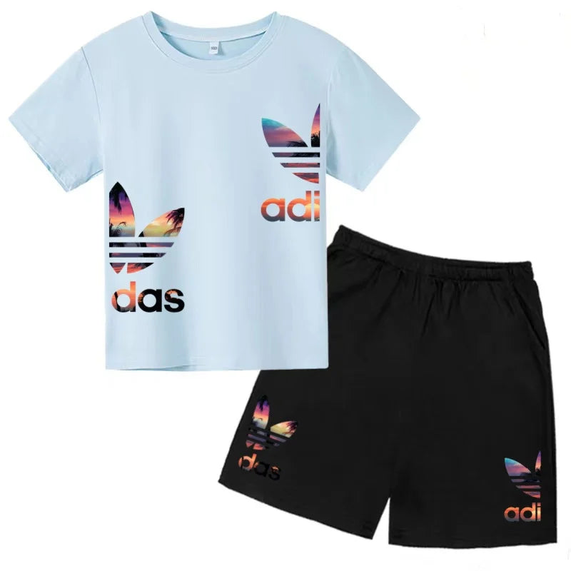 Kids T-shirt Set Colorful Letter Print Boys Girls 3-12Yrs Gift Short-sleeved+shorts 2P Round Neck Sports Casual Charming Clothes