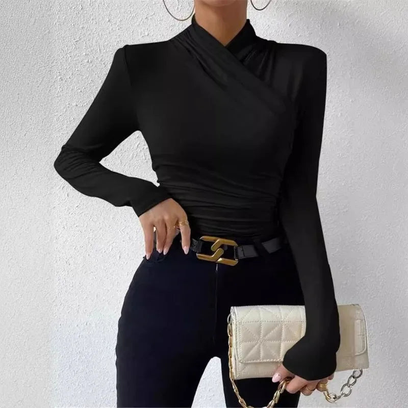 Women's Clothing Autumn Winter Tshirts New Design Cross Neckline Versatile Pleated T-shirt Comfortable Fashion Slim Fit Sexy Top