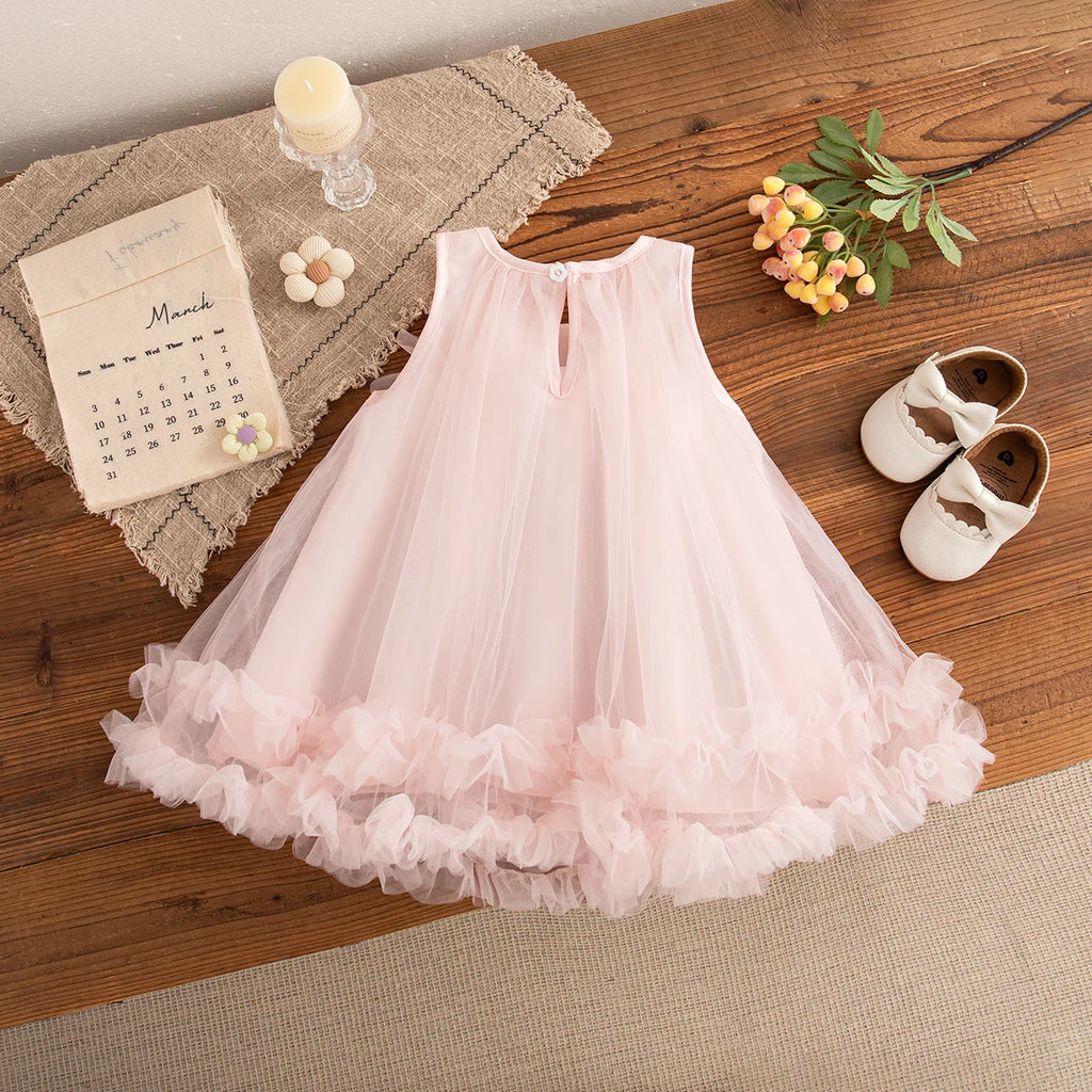 Baby Girl Pink Dress Flower Sweet Sleeveless Feather Gauze Princess Dress Wedding Party Dress for Kids Girl