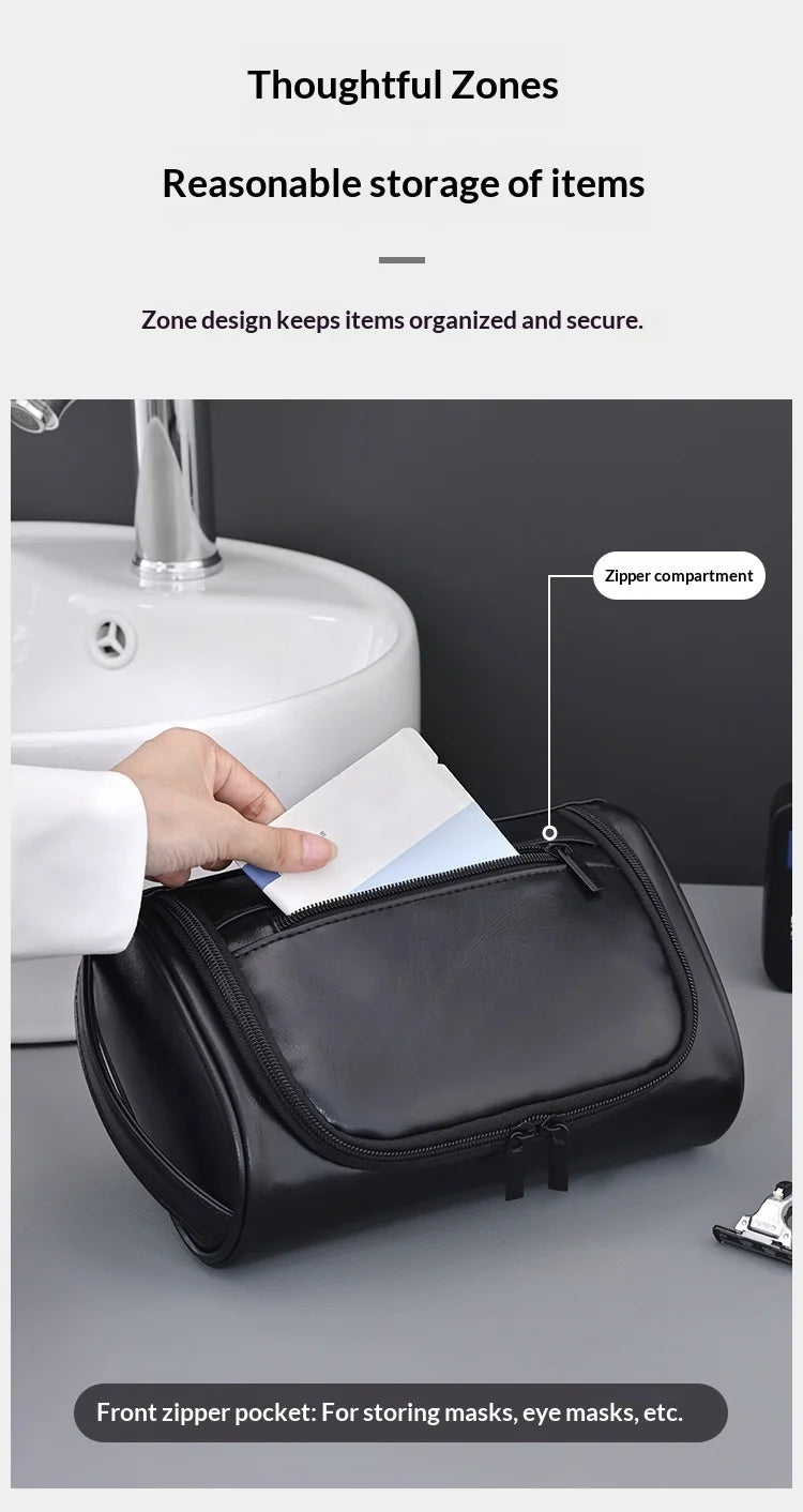 Large Capacity Men Leather Wash Bag Travel Business Trips Portable Cosmetic Bag Multi Pocket Design Handheld Leather Wash Bag LI