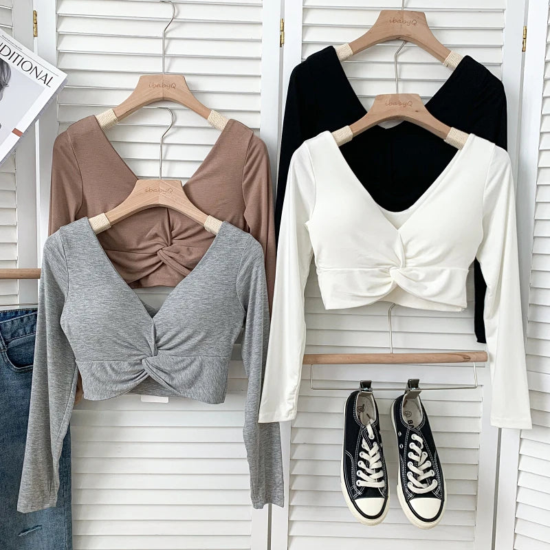 t shirt woman crop tops long sleeve kawaii T shirts built in bra women sexy top harajuku korean fashion