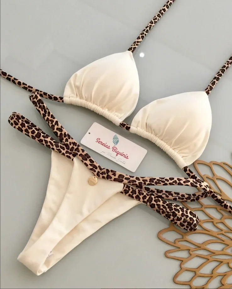 Print Sexy Bikini Sets Halter Lace-up Tops Thongs Beach Style Bathing Suit Y2k Swimsuits Women Beachwear Купальник Женский