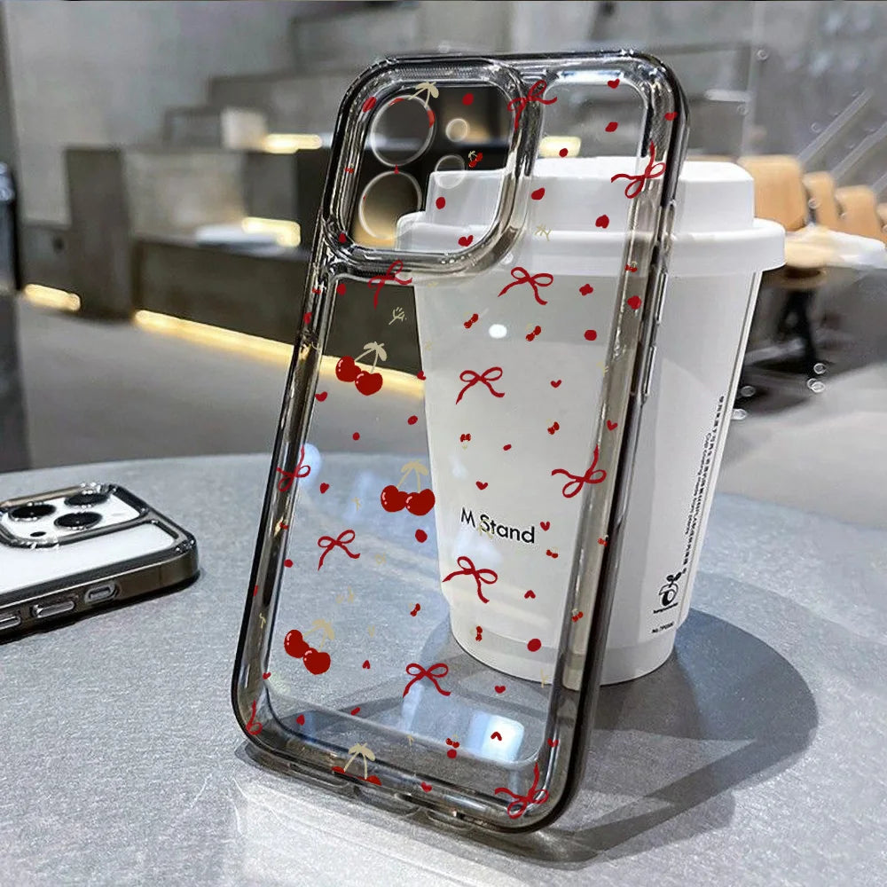 Cute Bow Cherry Phone Case For iPhone 16 Pro Case iPhone 15 13 17 11 12 14 Pro Max 16E XR XS 7 8 Plus SE Shockproof Clear Cover