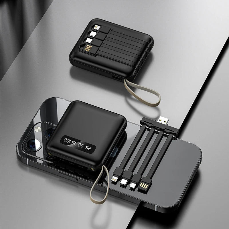 BLACK 1 Color Mini Power Bank 20000mAh – 4 Built-In Cables & Display