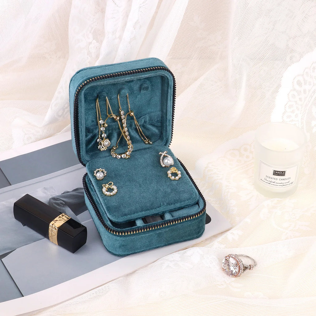 Rhombus Velvet Jewelry Box with Mirror Women Travel Portable Earrings Ring Necklace Storage Display Jewelry Organizer Box