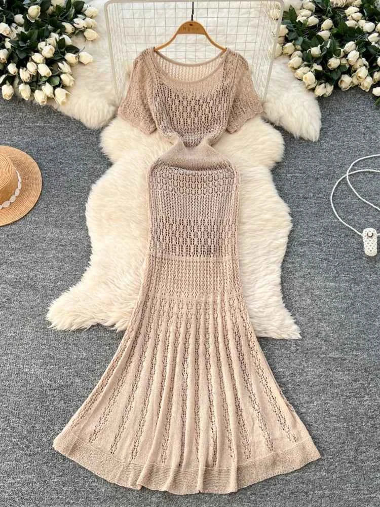 Women Hollow Knitted Dress Summer Flower Short Sleeved Fishtail Bodycon Dress with Camisole Dresses Vintage Party Long Robe