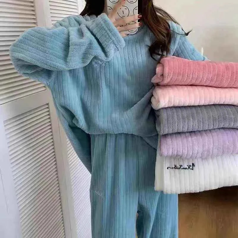 Winter Flannel Two-piece Loose Casual New O-neck Striped Coral Fleece Top Elastic Waist Pants sets Women's Pajamas Set Sleepwear