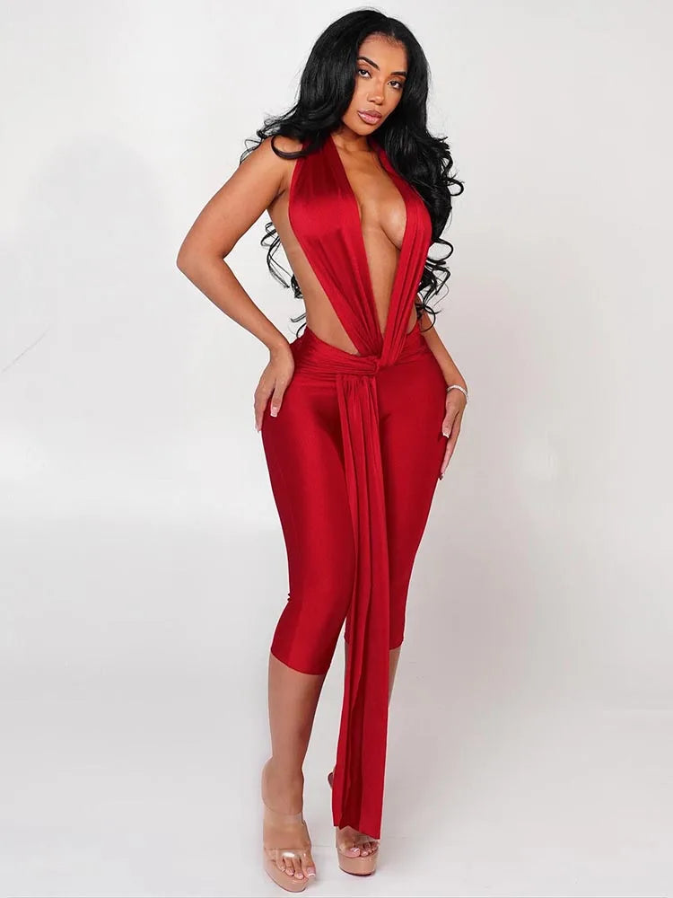 Sisterlinda Backless Halter Romper Women Ribbon Patchwork Sleeveless Elastic Workout Activewear Midnight Activity Slim Playsuits
