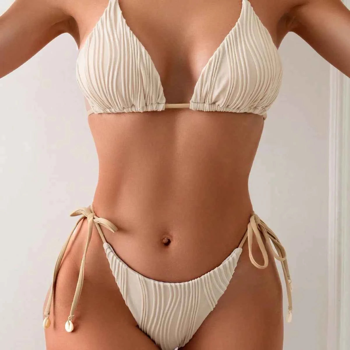 2025 New Tight Two-Piece Bikini Set Sexy Women Solid Halter Swimsuit Hollow Backless Swimwear Summer Push Up Beach Bathing Suit
