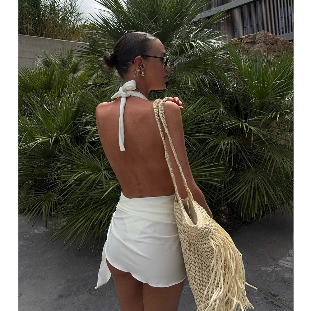 Two Pieces Micro Bikini 2026 Sexy Swimsuit Women Halter Swimwear Biquini Female Solid Bodysuit Bathing Suits Sarong Mini Skirt