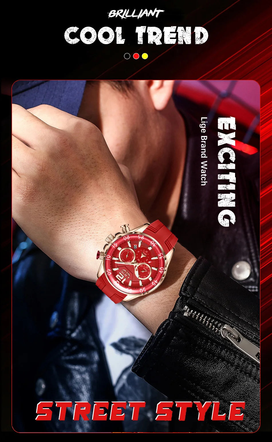 LIGE New Fashion Mens Watches Top Brand Luxury Quartz Wrist Watch Man Sport Red Silicone Watch for Men Reloj Hombre Chronograph