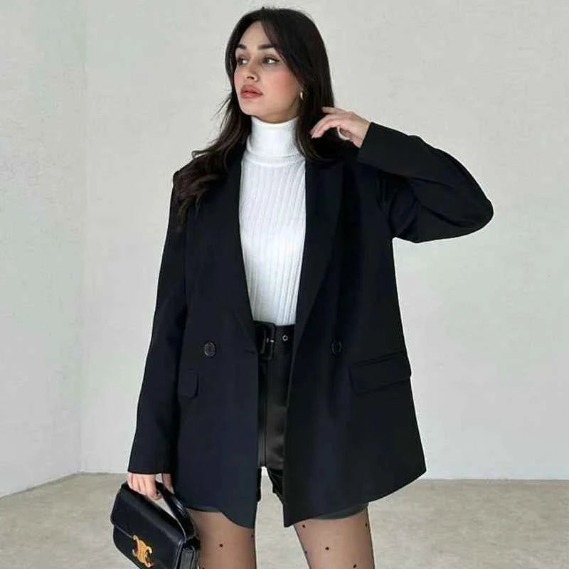 HXAO Blazer Women Double Breasted Pocket Women's Jacket 2025 Long Sleeve Casual Blazers Woman Chic Office Wear Ladies Coat