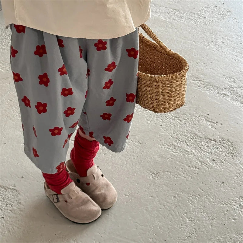 2026 Spring New Children Casual Pants Fashion Flower Print Girls Harem Pants Cotton Kids Loose Trousers Boys Cute Baby Clothes