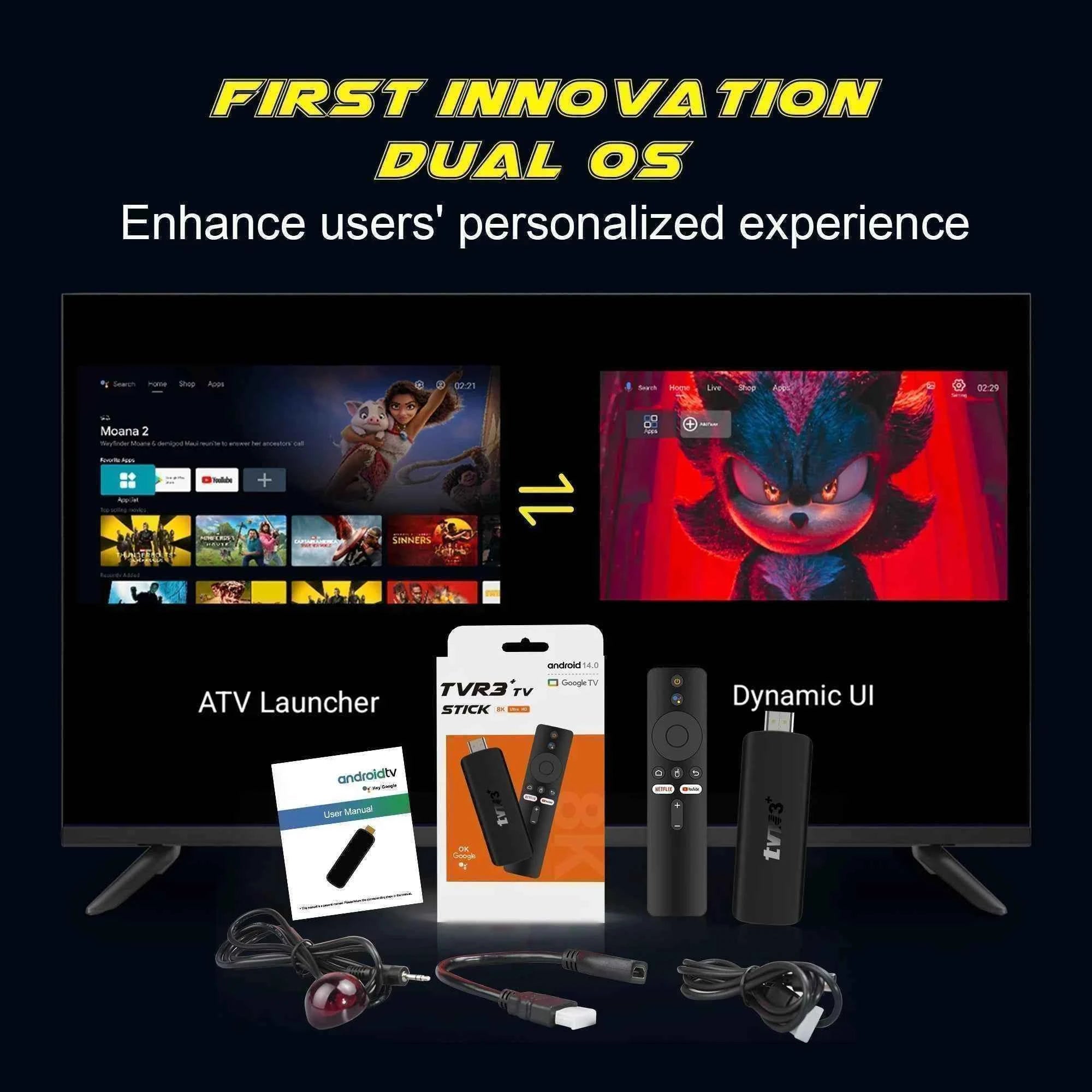 2026 TVR3+ Dual UI interface TV Stick 8K HD WIFI 6 Android 14.0 RK3518 Quad Core 8GB RAM 128GB ROM Home Theater Media Player