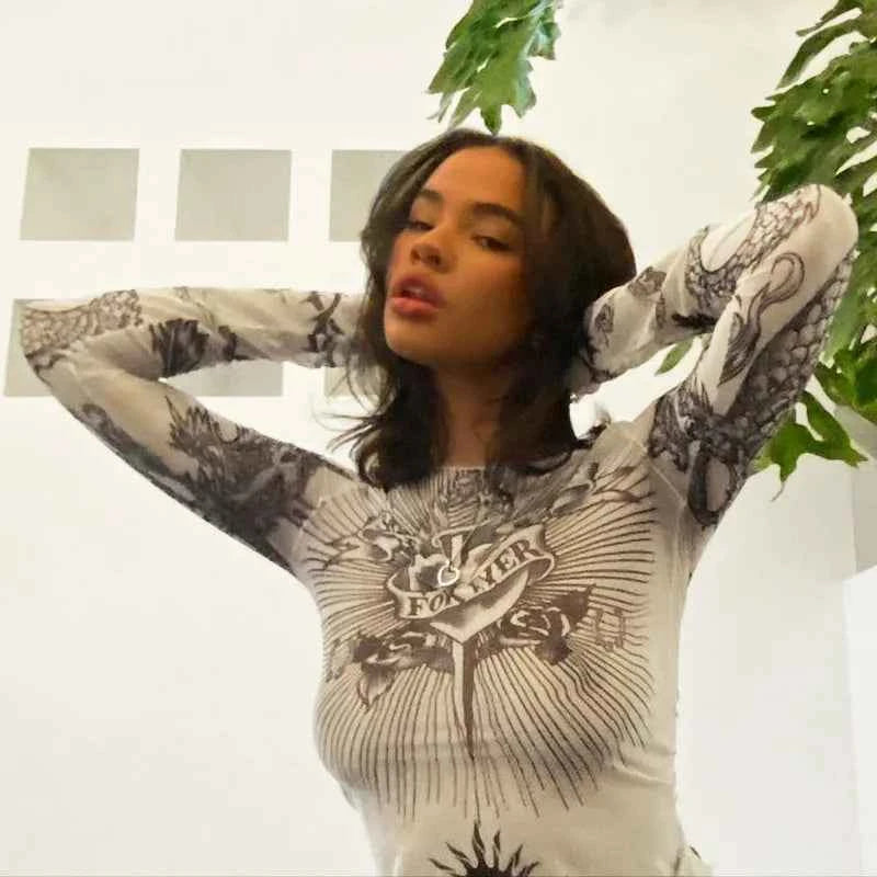 Y2k Aesthetic Punk Clothes Graphic Tees Women Gothic Fashion Full Sleeve Woman Tshirts See Through Streetwear Egirl Tops T Shirt