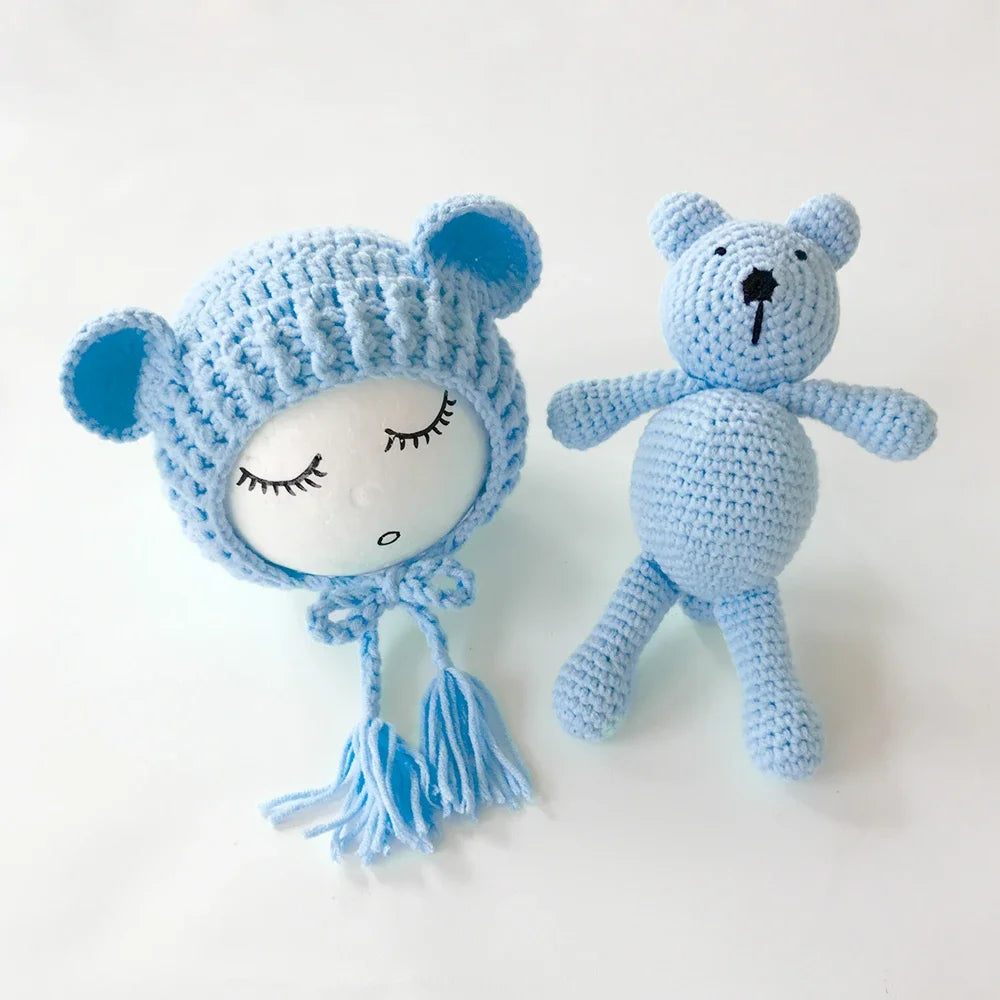 Newborn Photography Props Baby Bear Caps Rabbit Dolls Girls Boy Infant Baby Crochet Knitted Hat Photoshoot Accessories