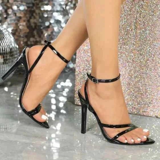 Fashionable Party High Heels Women's Pointed Toe Patent Leather Cross Ankle Strap Sandals Rubber Sole Square Head Shape